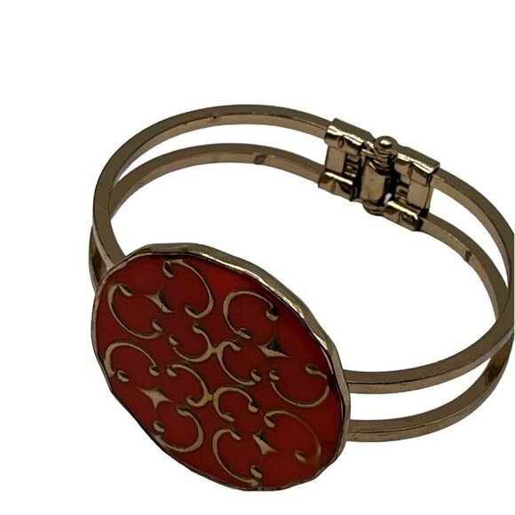 Beaded Necklace & Hinged Bracelet Set Orange & Gold Tone Statement Jewelry - Picture 5 of 8